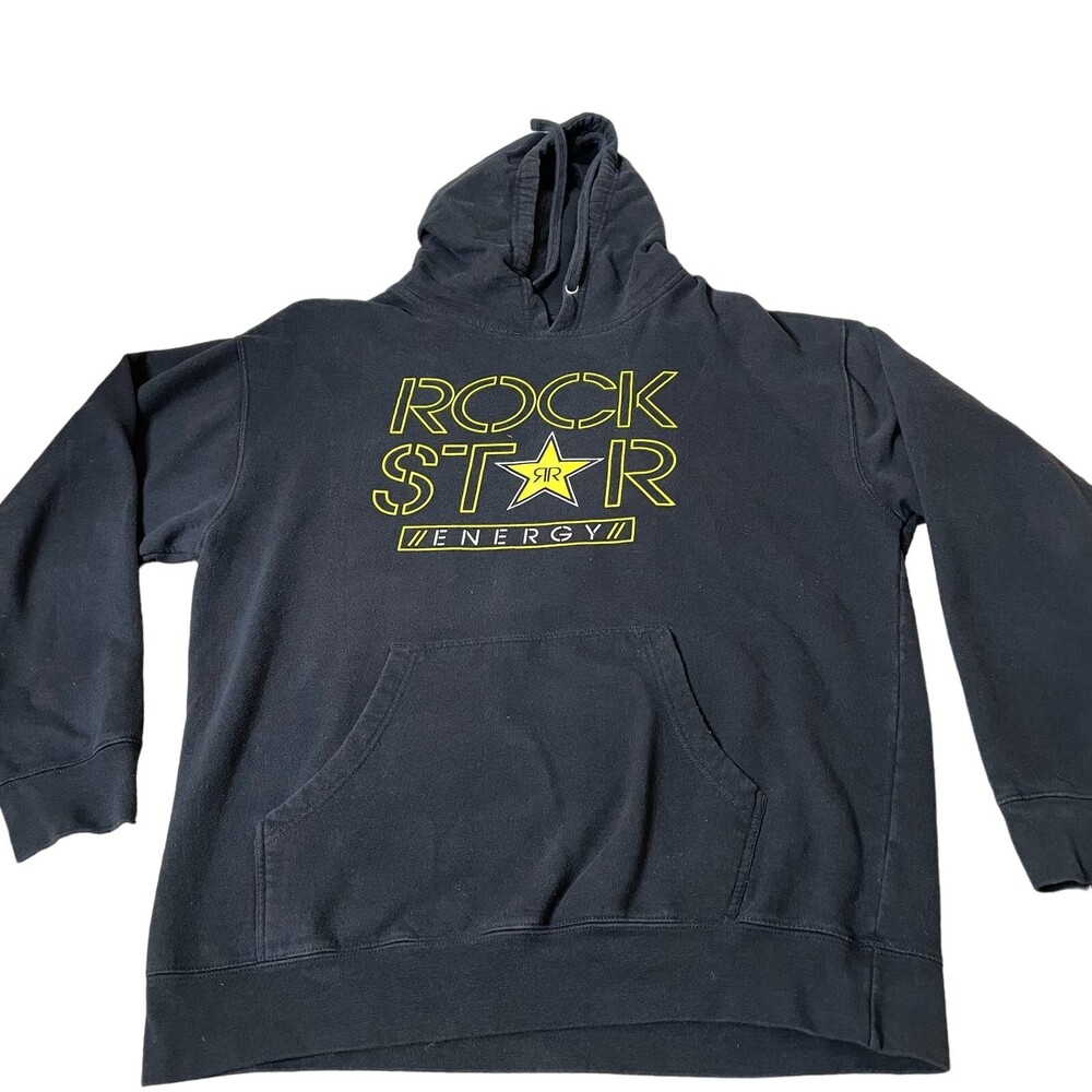 Men's Rockstar Hoodie Rock Star graphic spell out hoodie black gold star SZ XL